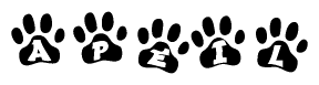 The image shows a row of animal paw prints, each containing a letter. The letters spell out the word Apeil within the paw prints.