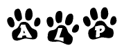 The image shows a series of animal paw prints arranged horizontally. Within each paw print, there's a letter; together they spell Alp