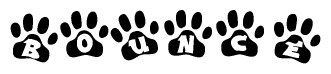 The image shows a series of animal paw prints arranged horizontally. Within each paw print, there's a letter; together they spell Bounce