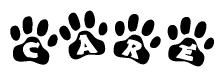 The image shows a series of animal paw prints arranged in a horizontal line. Each paw print contains a letter, and together they spell out the word Care.