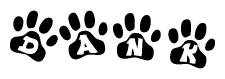 The image shows a row of animal paw prints, each containing a letter. The letters spell out the word Dank within the paw prints.