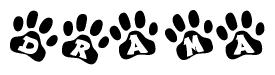 The image shows a series of animal paw prints arranged horizontally. Within each paw print, there's a letter; together they spell Drama