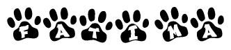 The image shows a series of animal paw prints arranged in a horizontal line. Each paw print contains a letter, and together they spell out the word Fatima.