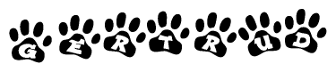 The image shows a series of animal paw prints arranged in a horizontal line. Each paw print contains a letter, and together they spell out the word Gertrud.