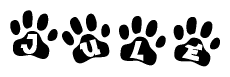 The image shows a row of animal paw prints, each containing a letter. The letters spell out the word Jule within the paw prints.