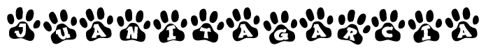 The image shows a series of animal paw prints arranged in a horizontal line. Each paw print contains a letter, and together they spell out the word Juanitagarcia.
