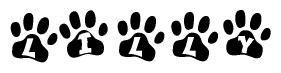 The image shows a series of animal paw prints arranged horizontally. Within each paw print, there's a letter; together they spell Lilly