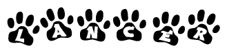 The image shows a series of animal paw prints arranged in a horizontal line. Each paw print contains a letter, and together they spell out the word Lancer.