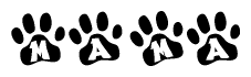 The image shows a row of animal paw prints, each containing a letter. The letters spell out the word Mama within the paw prints.