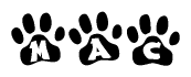 The image shows a row of animal paw prints, each containing a letter. The letters spell out the word Mac within the paw prints.