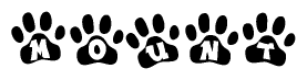 The image shows a series of animal paw prints arranged in a horizontal line. Each paw print contains a letter, and together they spell out the word Mount.