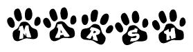 The image shows a series of animal paw prints arranged horizontally. Within each paw print, there's a letter; together they spell Marsh