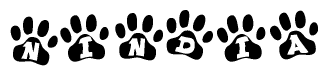 The image shows a series of animal paw prints arranged in a horizontal line. Each paw print contains a letter, and together they spell out the word Nindia.