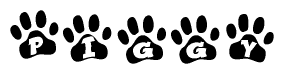 The image shows a row of animal paw prints, each containing a letter. The letters spell out the word Piggy within the paw prints.