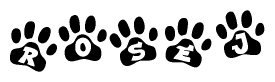 The image shows a row of animal paw prints, each containing a letter. The letters spell out the word Rosej within the paw prints.
