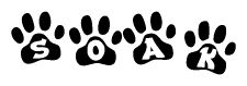 The image shows a series of animal paw prints arranged in a horizontal line. Each paw print contains a letter, and together they spell out the word Soak.