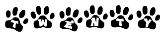 The image shows a series of animal paw prints arranged in a horizontal line. Each paw print contains a letter, and together they spell out the word Twenty.