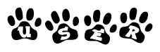 The image shows a series of animal paw prints arranged in a horizontal line. Each paw print contains a letter, and together they spell out the word User.