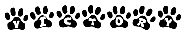 The image shows a series of animal paw prints arranged in a horizontal line. Each paw print contains a letter, and together they spell out the word Victory.