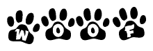 The image shows a series of animal paw prints arranged in a horizontal line. Each paw print contains a letter, and together they spell out the word Woof.