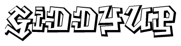 The image is a stylized representation of the letters Giddyup designed to mimic the look of graffiti text. The letters are bold and have a three-dimensional appearance, with emphasis on angles and shadowing effects.