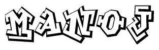 The clipart image depicts the word Manoj in a style reminiscent of graffiti. The letters are drawn in a bold, block-like script with sharp angles and a three-dimensional appearance.