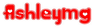 The image is a red and white graphic with the word Ashleymg written in a decorative script. Each letter in  is contained within its own outlined bubble-like shape. Inside each letter, there is a white heart symbol.