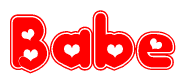 The image is a red and white graphic with the word Babe written in a decorative script. Each letter in  is contained within its own outlined bubble-like shape. Inside each letter, there is a white heart symbol.