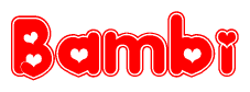 The image is a clipart featuring the word Bambi written in a stylized font with a heart shape replacing inserted into the center of each letter. The color scheme of the text and hearts is red with a light outline.