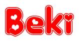 The image is a clipart featuring the word Beki written in a stylized font with a heart shape replacing inserted into the center of each letter. The color scheme of the text and hearts is red with a light outline.