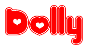 The image is a red and white graphic with the word Dolly written in a decorative script. Each letter in  is contained within its own outlined bubble-like shape. Inside each letter, there is a white heart symbol.