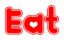 The image is a red and white graphic with the word Eat written in a decorative script. Each letter in  is contained within its own outlined bubble-like shape. Inside each letter, there is a white heart symbol.