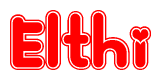 The image is a clipart featuring the word Elthi written in a stylized font with a heart shape replacing inserted into the center of each letter. The color scheme of the text and hearts is red with a light outline.