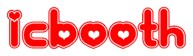 The image is a red and white graphic with the word Icbooth written in a decorative script. Each letter in  is contained within its own outlined bubble-like shape. Inside each letter, there is a white heart symbol.