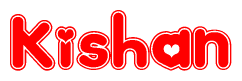 The image is a red and white graphic with the word Kishan written in a decorative script. Each letter in  is contained within its own outlined bubble-like shape. Inside each letter, there is a white heart symbol.