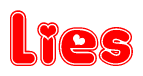 The image is a red and white graphic with the word Lies written in a decorative script. Each letter in  is contained within its own outlined bubble-like shape. Inside each letter, there is a white heart symbol.