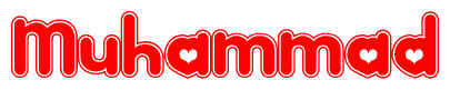 The image is a red and white graphic with the word Muhammad written in a decorative script. Each letter in  is contained within its own outlined bubble-like shape. Inside each letter, there is a white heart symbol.