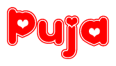 The image displays the word Puja written in a stylized red font with hearts inside the letters.