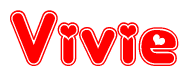 The image is a red and white graphic with the word Vivie written in a decorative script. Each letter in  is contained within its own outlined bubble-like shape. Inside each letter, there is a white heart symbol.