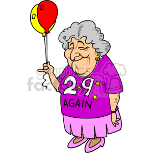 In this clipart image, there is an older woman celebrating with a humorous take on her age. She is smiling and holding two balloons, one red and one yellow. She wears a pinkish-purple shirt with the phrase 29 AGAIN printed on it, suggesting a playful attitude towards aging. Additionally, she has gray hair, is wearing earrings, a matching pink skirt, and pink slippers.