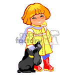 The clipart image displays a young girl with short, blonde hair, smiling and dressed in a yellow raincoat with red boots. Beside her is a black and white dog, which appears to be a cocker spaniel, gazing up at her.