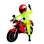 The image is a clipart of a motorcyclist. The motorcyclist is wearing a bright green suit and a red helmet with a white design on the top. They are sitting on a red sports motorcycle and waving at you. The motorcycle appears to be stationary, and the rider's posture suggests a confident or playful attitude.