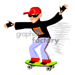 This is a clipart image featuring a person skateboarding. The person is wearing sunglasses, a red baseball cap, a black shirt with an orange panel, purple pants, and red shoes. They are in a squatting posture on a green skateboard, with one arm extended in front and the other behind for balance, suggesting movement. Speed lines are shown behind the skateboarder to emphasize motion.