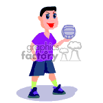 The clipart image shows an animated character walking and holding a volleyball. The character is dressed in sports gear which includes a purple t-shirt, black shorts, and sneakers. The character also has a smiling expression.