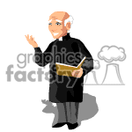 The clipart image depicts a bald man wearing clerical or judicial robes. He is smiling and waving with one hand, and holding a book or document in the other hand. The man appears to be standing with a shadow cast on the ground.