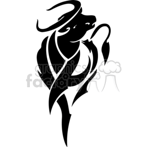 The image depicts a stylized, abstract silhouette of a bull. It's created in black and white, with the black portions representing the bull's features, such as its horns, head, body, and tail, in a bold, graphic form. This type of design is often used for logos, icons, or as a symbolic representation of strength, power, or the zodiac sign Taurus.