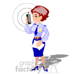 The clipart image depicts a female police officer talking on a walkie-talkie. She is wearing a uniform consisting of a blue shirt with a badge, a dark blue skirt, and a police cap. The officer appears to be in a communication or alert pose.