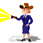 The clipart image depicts an animated character dressed as a detective. The character is wearing a brown hat, a blue trench coat, and black shoes. She is holding a flash light in one hand. She has one hand on her hip and exudes a confident stance.