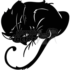 This clipart image features a stylized silhouette of a cat. The cat's body and fur appear to be in a fluffy state, and it's lying down in a relaxed pose. Its eyes are highlighted, giving depth to the otherwise solid black figure. The image is suitable for vinyl cutting and could be used for a variety of purposes such as Halloween decorations, signage, or pet-related artwork.