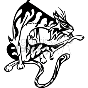 The clipart image features a stylized, black and white illustration of a cat. The cat appears to be in an active, perhaps playful position, with part of the body illustrated with flame-like or tribal design patterns. The cat is depicted with sharp, angular lines that give it a dynamic and artistic look. This image is suitable for vinyl-ready signage or decals due to its bold, clear lines and stark contrast.